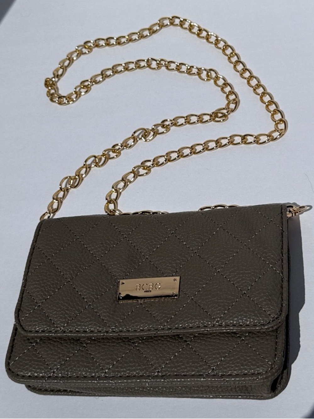 BCBG Paris Taupe Gray Quilted Chain Crossbody Wallet Purse